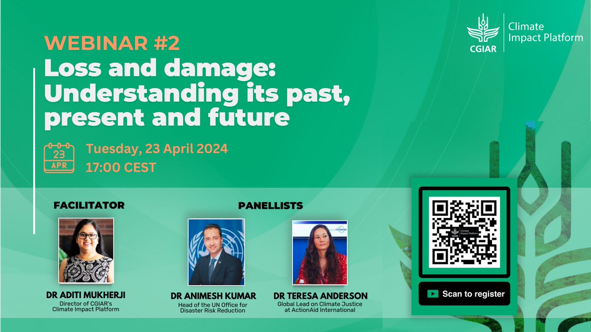🌧️ Climate Change and #LossAndDamage - Discover how climate volatility is threatening #FoodSecurity and what we can do to adapt. One more day to go! register now for this webinar!
📆 Tue, Apr 23
🕒 3.00 pm GMT / 5.00 pm CEST
🔗  on.cgiar.org/3Wd0AxY 
@aditimukherji
