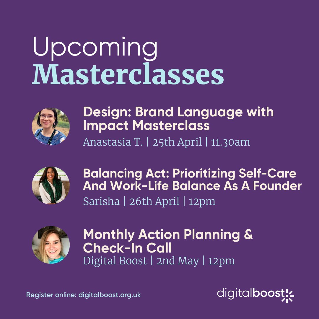 Whether you're reviewing your #branding, want to work on your #wellbeing, or need some help reaching your #goals, these Masterclasses have you covered! All our Masterclasses are #free to join - register here! 👇eu1.hubs.ly/H08vWGQ0 #DigitalBoost #Mentoring #Webinar