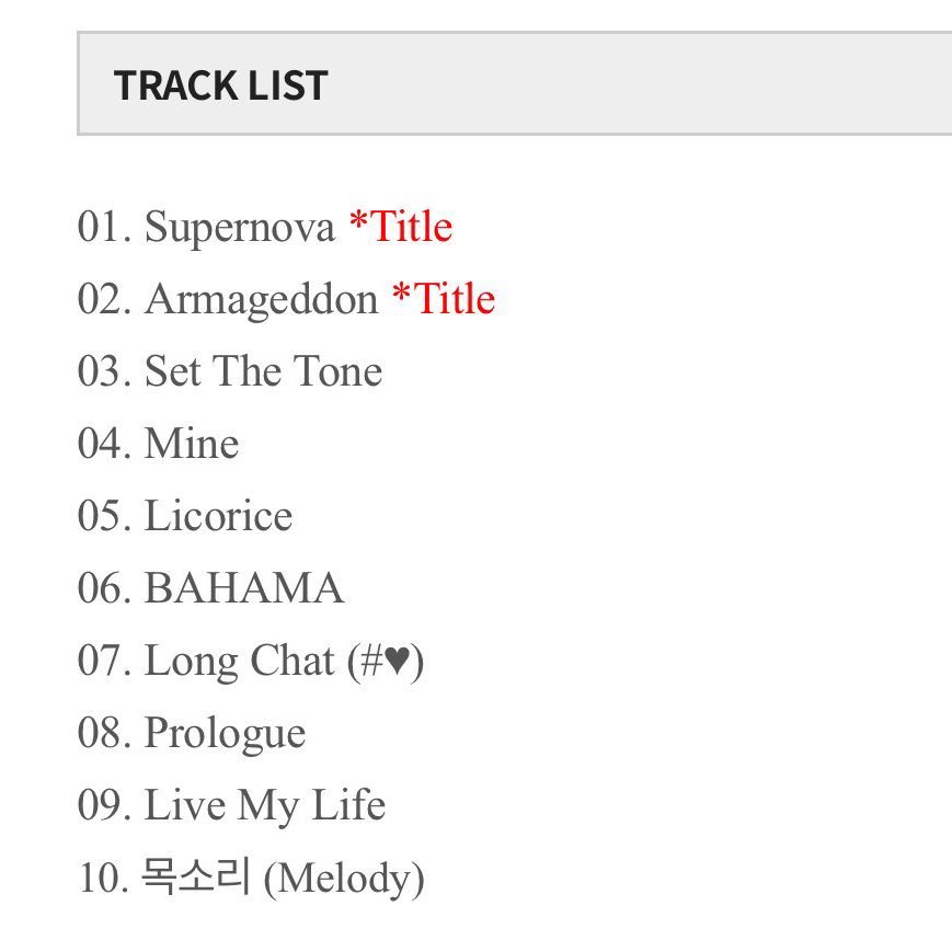 infoaespabr's tweet photo. 🚨 Confira a TRACKLIST de “Armageddon”:

1. Supernova
2. Armageddon
3. Set The Tone
4. Mine
5. Licorice
6. BAHAMA
7. Long Chat
8. Prologue 
9. Live My Life
10. Melody

O primeiro full album do aespa não terá os solos da turnê.

#aespa #에스파  @aespa_official https://t.co/MSbklTscjQ