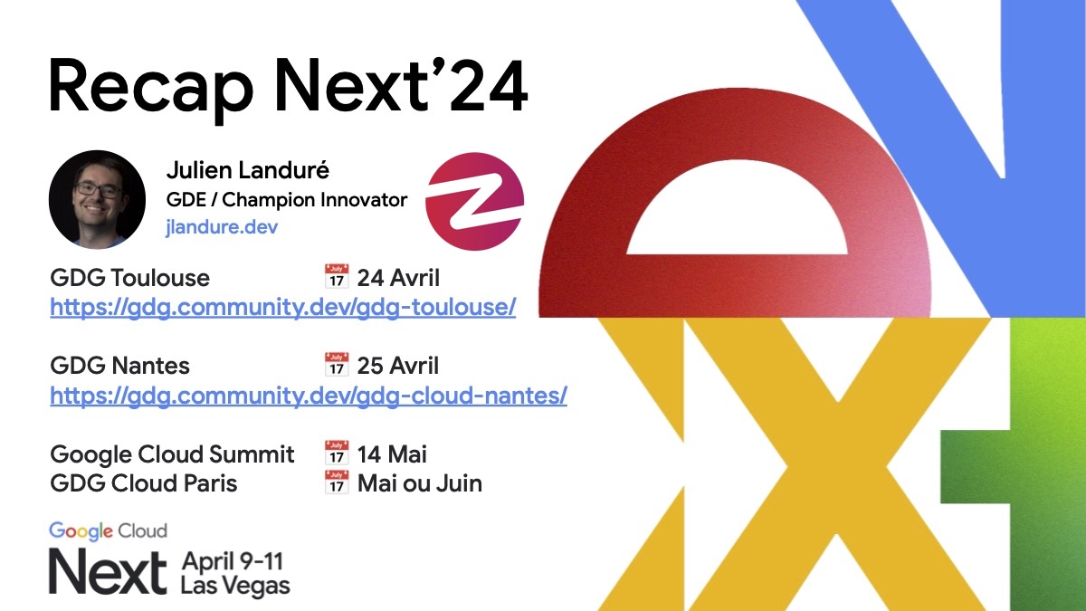 Julien Landuré (@jlandure) on Twitter photo ⚡️ Voici mes prochains rendez-vous si vous souhaitez échanger sur la vision #Cloud apportée par Google Cloud et les apports de la GenAI dans tout ça.
N'hésitez pas à venir échanger 👋
<a href="/gdgnantes/">GDG Nantes</a> <a href="/GDGToulouse/">GDG Toulouse</a>
<a href="/ZenikaIT/">Zenika</a> <a href="/ZenikaNantes/">Zenika Nantes</a>
#GoogleCloudNext <a href="/GoogleCloudTech/">Google Cloud Tech</a> ⚡️ Voici mes prochains rendez-vous si vous souhaitez échanger sur la vision #Cloud apportée par Google Cloud et les apports de la GenAI dans tout ça.
N'hésitez pas à venir échanger 👋
<a href="/gdgnantes/">GDG Nantes</a> <a href="/GDGToulouse/">GDG Toulouse</a>
<a href="/ZenikaIT/">Zenika</a> <a href="/ZenikaNantes/">Zenika Nantes</a>
#GoogleCloudNext <a href="/GoogleCloudTech/">Google Cloud Tech</a>