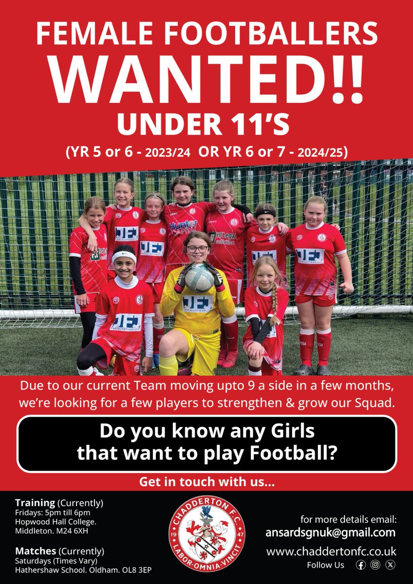 Looking for u12's (next season) GIRLS to try out for our team. 

Please DM me if you know anyone. 

Thanks

<a href="/ChaddertonFC/">Chadderton FC</a> <a href="/Chaddyfcjnrs/">Chaddertonfcjnrs™©</a> <a href="/MHF_Oldham/">Mental Health Football</a> <a href="/ATFOldham/">Active Through Football Oldham</a> <a href="/OfficialOACT/">Oldham Athletic Community Trust (OACT)</a> <a href="/allaboutoldham/">All About Oldham</a> <a href="/Manchester_FA/">Manchester Football Association</a> <a href="/micacoaching/">MICA</a>
