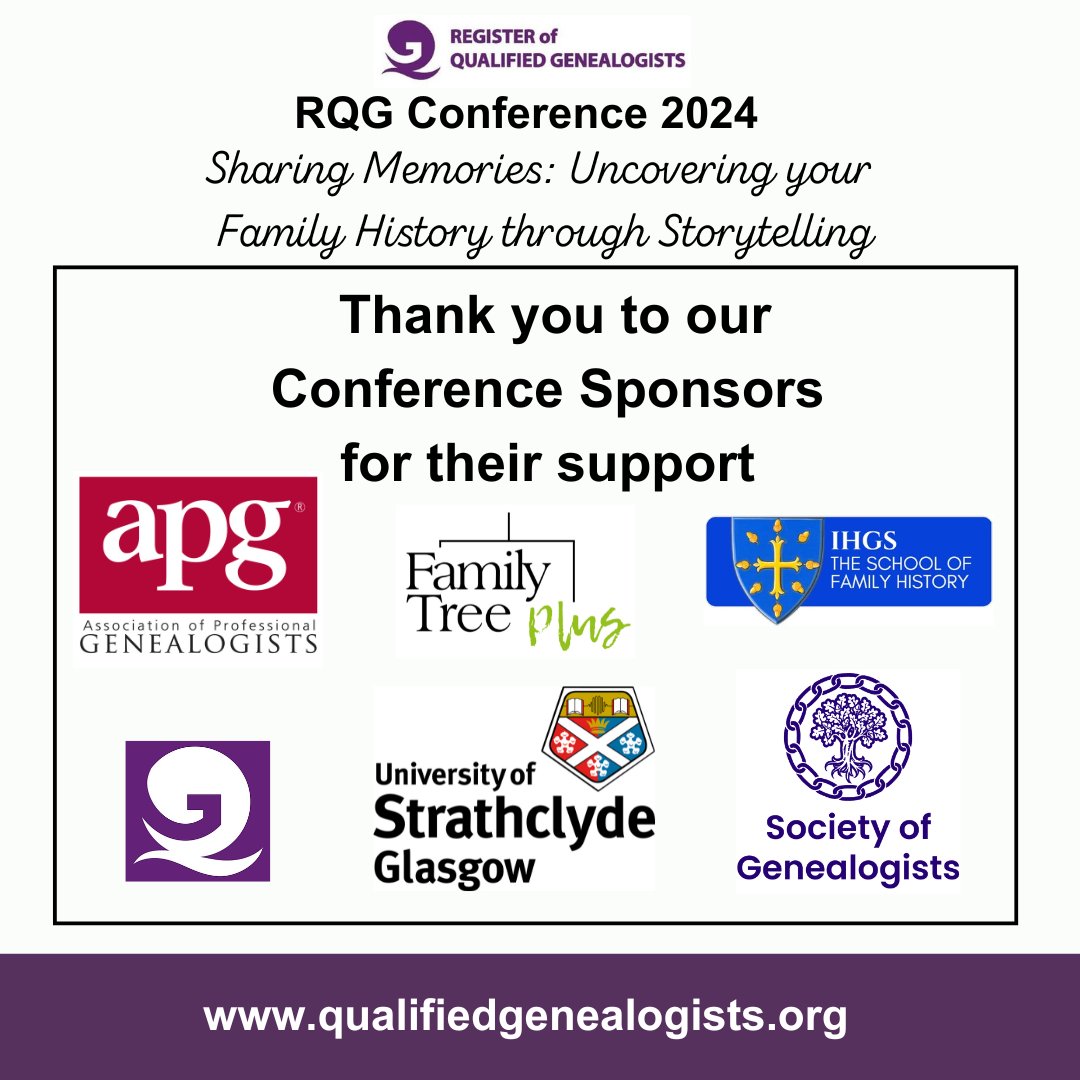 We would like to thank our sponsors for their support at our RQG Conference 2024 we had a fantastic day, thank you @IHGS @familytreemaguk @StrathGenealogy @UniStrathclyde @APGgenealogy @SocGenealogists @RegQualGenes
