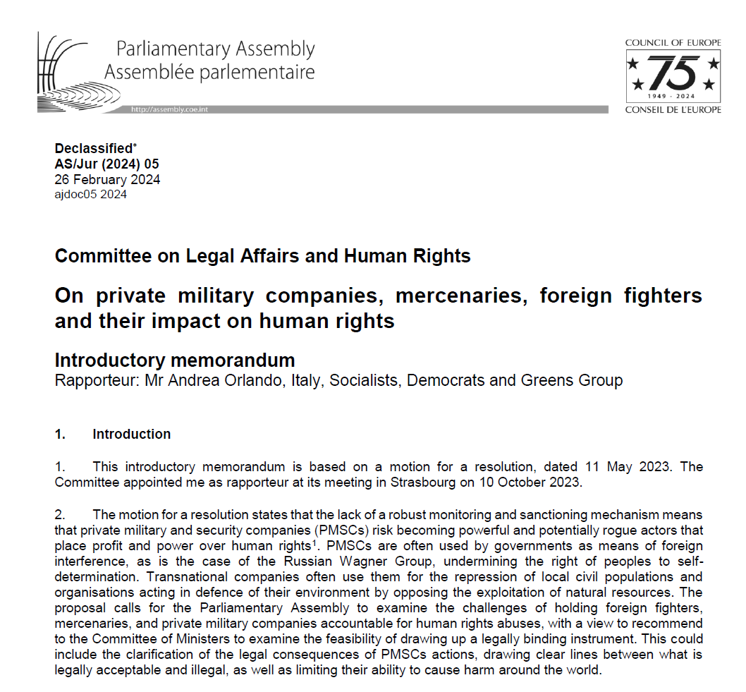 During the last week’s meeting, our Committee discussed an introductory memorandum on private military companies, mercenaries, foreign fighters and their impact on human rights: rm.coe.int/on-private-mil…. It will serve as a basis for an upcoming report by @AndreaOrlandosp.