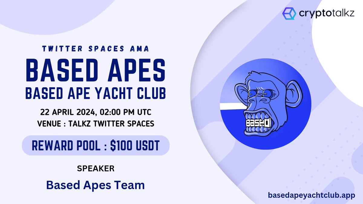 🎙️ We are excited to announce our next #XSpacesAMA featuring Based Ape Yacht Club, on April 22nd at 2 PM UTC. Based Apes set sail for uncharted territory on the BASE chain, pioneering a fresh crypto landscape! 🏠 Venue : x.com/i/spaces/1lPJq… 〽️ Rules 1⃣ Follow @BAYC303 &…