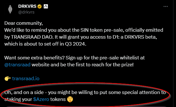 SeniX89's tweet photo. Hello $AZERO Staker 🔥

A @get_common $CMN #Airdrop was announced a long time ago for all $AZERO Stakers.

Is this hint from @drkvrs perhaps another airdrop? 

Who is already #staking their AZERO?

#ecosystem #reward #game #drkvrs @Aleph__Zero 
$SIN #token https://t.co/opvvt1h5ny