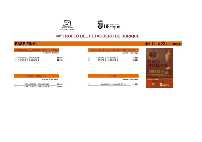 pmdubrique's tweet photo. 🏆40 edición del Trofeo del Petaquero de Ubrique
📅del 22 de abril al 23 de mayo
⚽️16 equipos➕250 participantes!!
#trofeopetaquero2024 @aytoubrique @pmdubrique @radioubrique @radiocomarcaser https://t.co/Zi6dFpPrCS