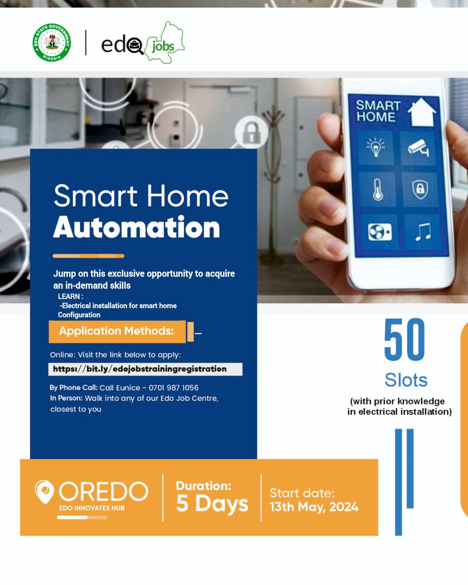 Join Edojobs Smart Home Automation training and learn👇 -How to install and connect sensors of electrical appliances to smart devices, phones, thereby managing & controlling all household appliances with smartphones from any location. To Apply click> bit.ly/edojobstrainin…