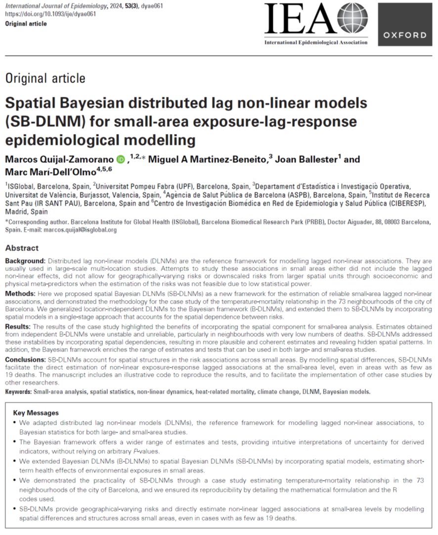 🆕📢🚨We are very excited to present the Spatial Bayesian distributed lag non-linear models (SB-DLNM). A new framework for small-area exposure-lag-response epidemiological modelling. academic.oup.com/ije/article/53…