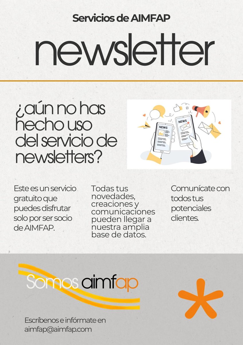 📨El servicio de newsletters es exclusivo para asociados.
Alcanza potenciales clientes de nuestra amplia base de datos enviando tus camapañas, novedades y otras comunicaciones.
Escríbenos en aimfap@aimfap.com e infórmate de todos nuestros servicios

#articulopromocional #pto