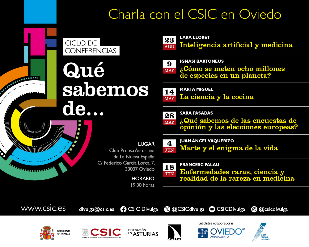 El ciclo #QuéSabemosDe vuelve a Oviedo con charlas sobre Marte, inteligencia artificial o enfermedades raras, y arranca este martes 23 con Lara Lloret (del @IFCA_CSIC_UC) sobre IA. El Club de Prensa Asturiana acoge la programación hasta el 18 de junio 👉🏼  csic.es/es/actualidad-…