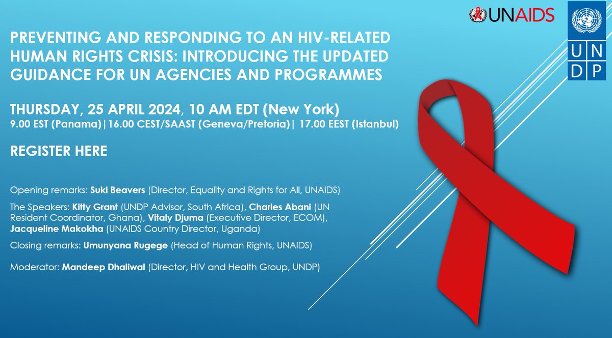 🔔 Preventing &amp; responding to HIV-related human rights crisis | Introducing the Updated Guidance for UN Agencies &amp; Programmes
 
⏰ Join us on 25 April 2024 at 10:00 EDT | 09:00 EST | 16:00 CEST/SAAST | 17:00 EEST 
 
🔗 webinar registration - unaids.zoom.us/webinar/regist…