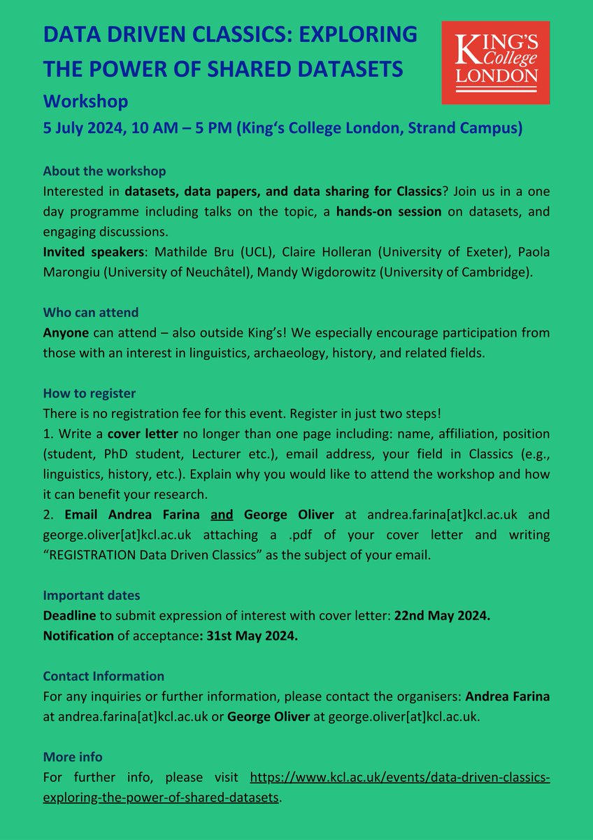 Andrea Farina (@imandreafarina) on Twitter photo Are you a classicist interested in data, datasets, data sharing for Classics? This event is for you!
Join us for a highly informative workshop featuring hands-on sessions and engaging discussions!
Date: 5 July 2024.
Venue: <a href="/KingsCollegeLon/">King's College London</a>
More info: kcl.ac.uk/events/data-dr…. Are you a classicist interested in data, datasets, data sharing for Classics? This event is for you!
Join us for a highly informative workshop featuring hands-on sessions and engaging discussions!
Date: 5 July 2024.
Venue: <a href="/KingsCollegeLon/">King's College London</a>
More info: kcl.ac.uk/events/data-dr….