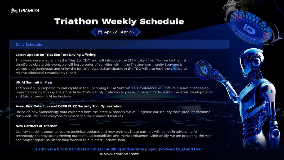 📢#Triathon Weekly Schedule (Apr 22 - Apr 26) This week’s highlights: 🔸Latest Update on #Trias Eco Test Driving Offering（TDO). 🔸Asset Risk Detection and #DEEPFUZZ Security Tool Optimization. 🔸New Partners at Triathon. Join us @TriathonLab for the latest in #AI and