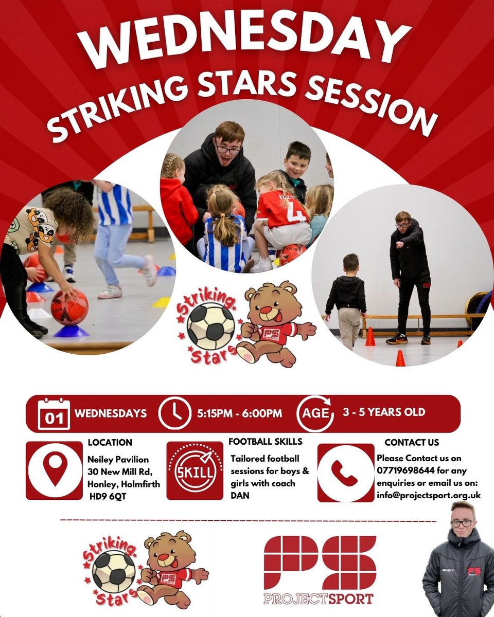 ⚽️🌟 Join Coach Dan for our Striking Stars Football Sessions! 🌟⚽️ Calling all 3-5 year olds for fun-filled sessions at Neiley Pavilion in Honley! Boys and girls, see you there at 5:15-6pm! Let's kick off the excitement together! #StrikingStars #FootballFun #CoachDan