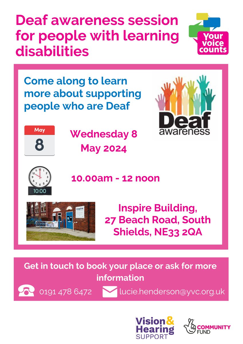 During #DeafAwarenessWeek we're holding a Deaf awareness session for people with learning disabilities in South Tyneside- come along to find out more. Book your place by calling 0191 478 6472 or emailing mail@yvc.org.uk