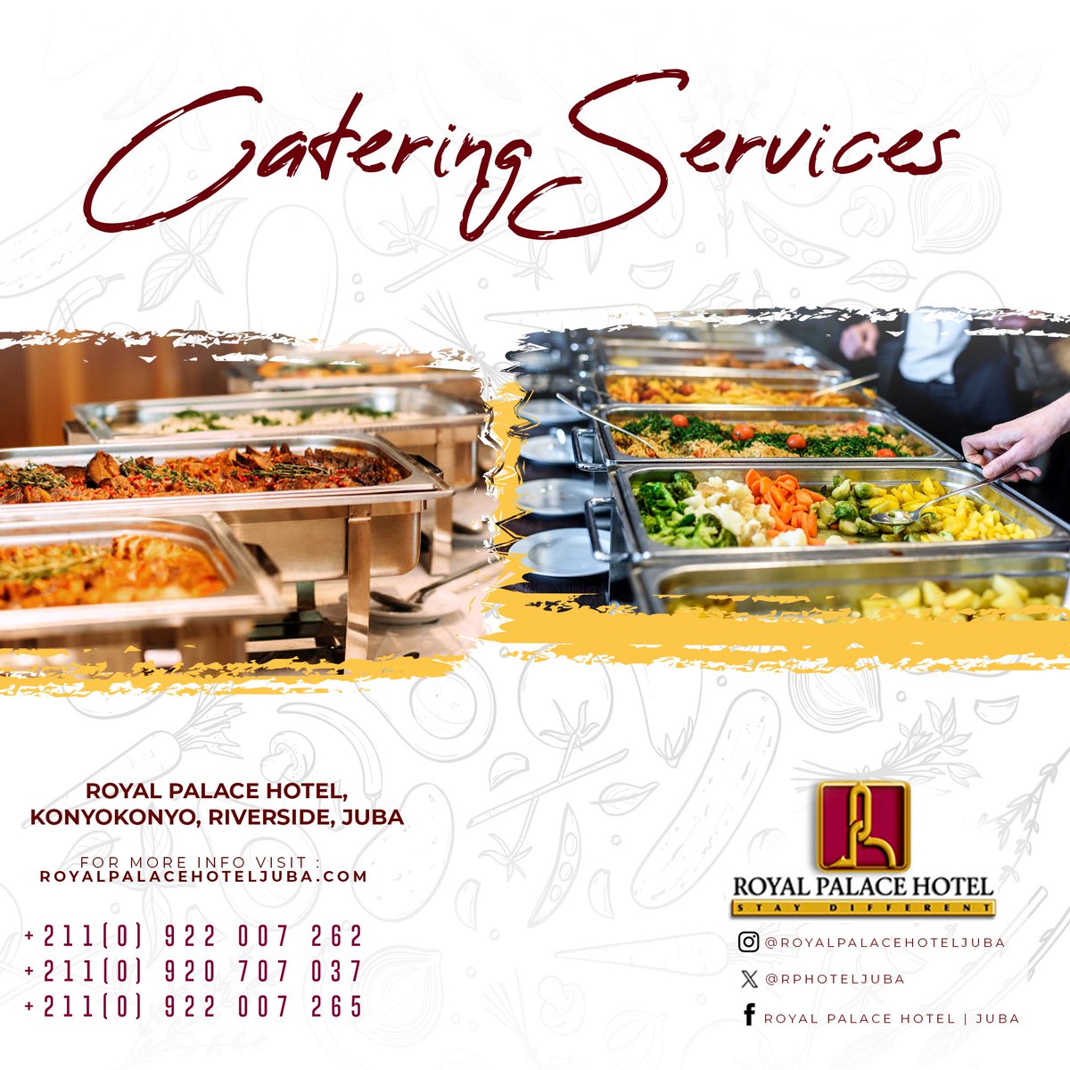 We offer the best catering services in Juba. We deliver across the city.  For reservations or inquiries, call or WhatsApp us at +211920707037 or email rphreservation@gmail.com. 
 #Cateringservices #RoyalPalaceHotelJuba