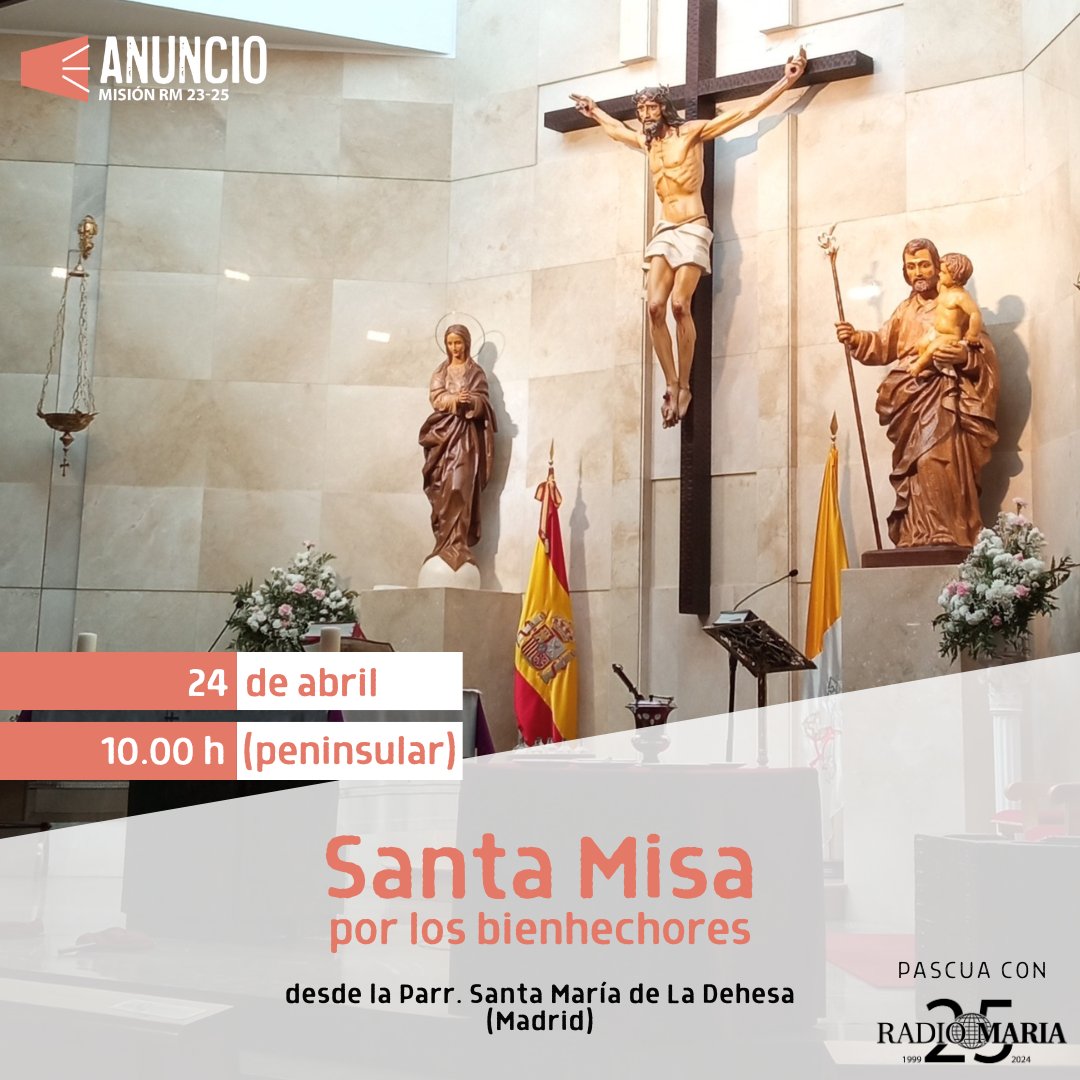 🤍 Este miércoles, 24 de abril, a las 10:00h. (peninsular), retransmitiremos la Santa Misa que se celebrará en la Parroquia de Santa María de la Dehesa (Madrid). 🙌🏻 Como cada 24 de mes ofrecemos esta Santa Misa por los bienhechores de Radio María y por todos los que ayudan a que