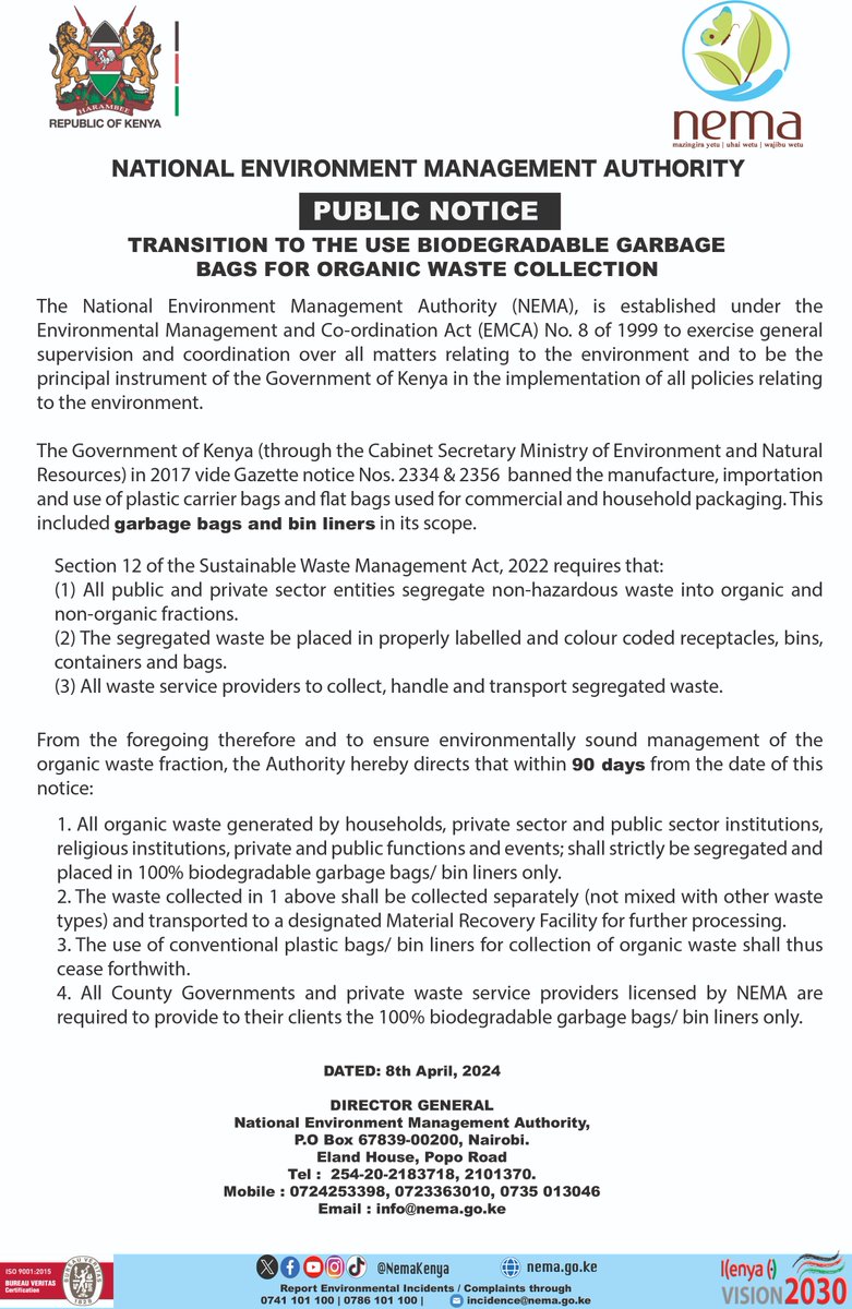NemaKenya's tweet photo. PUBLIC NOTICE: Transition to the use biodegradable garbage bags for organic waste collection https://t.co/UQ2tyOlr07