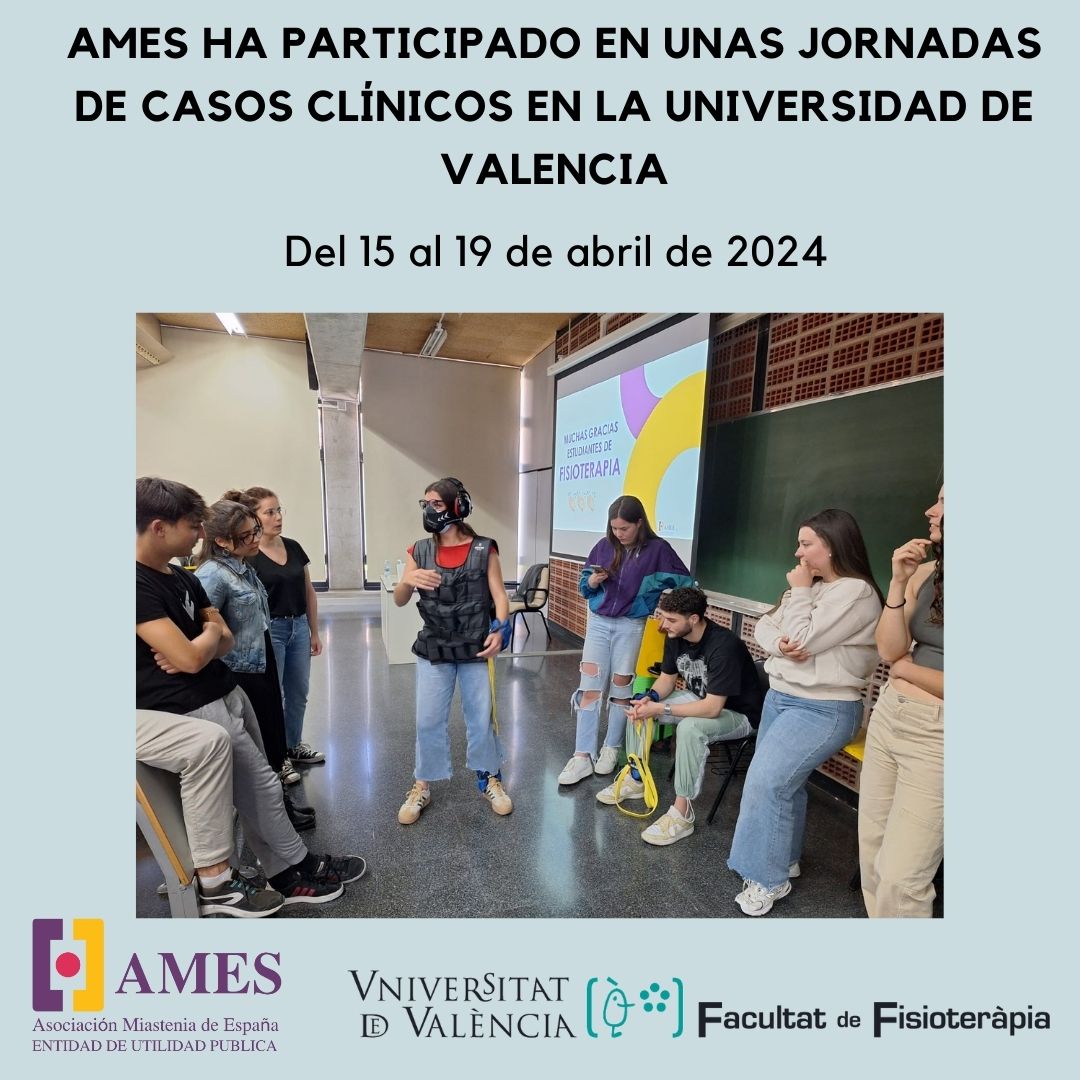 AMESMIASTENIA's tweet photo. 💚 Del 15 al 19 de abril de 2024, AMES ha participado en unas jornadas de ensayos clínicos en la Facultado de #Fisioterapia de de la #Universidad de Valencia.
🥰Muchas gracias a la @universitat por dar visibilidad a la Miastenia
#Miasteniavisible #UV #fisioterapia #ExperienceBox https://t.co/UqUQxJ1Nnq