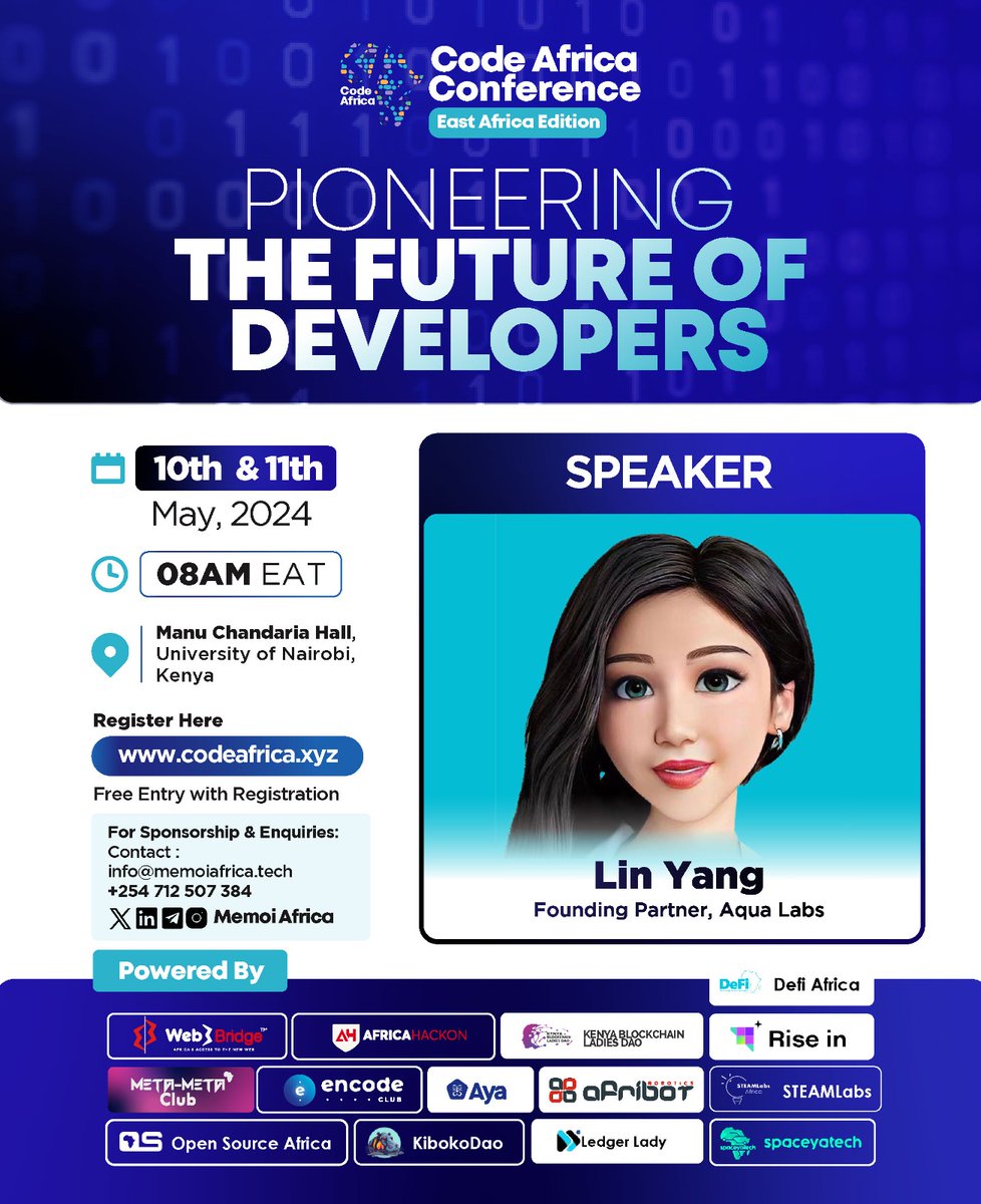 We are thrilled to announce @Lin_2mars as a speaker for the Code Africa Conference. Lin Yang is the founding partner for @AquaLabs_. A community empowering Web3 initiatives with top-tier influencers (KOLs) and vibrant communities across APAC and GME. Register here for free: