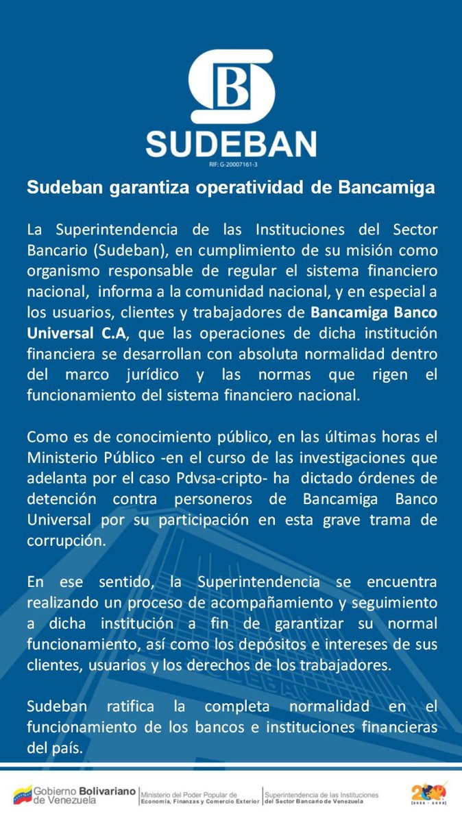 #Entérate || Sudeban garantiza operatividad de Bancamiga. #Sudeban #SupervisandoEnRevolución