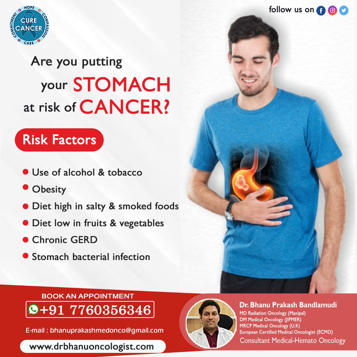 'Protect your health! Know the #riskfactors of #stomachcancer : #smoking, #obesity, #diet, #familyhistory. Early #detection saves lives. Stay informed, stay healthy!'

#DrBhanuprakash #BestOncologist #hematologist #cancer #CancerSpecialist #CancerDoctor #Hyderabad #Secunderabad