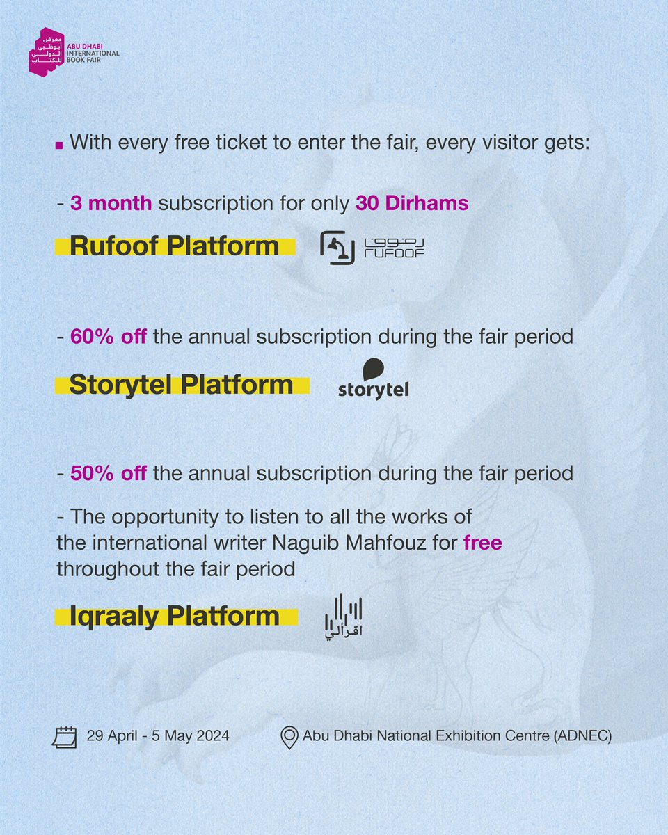 ADIBF's tweet photo. Discover a world of knowledge and great audiobooks.
Every visitor with a free ticket enjoys exclusive discounts on subscriptions to "Rufoof", "Storytel", and "Iqraaly" the perfect digital platforms to fuel your love of learning.
Your ticket also grants you access to the historic Qasr Al Hosn and the Louvre Museum Abu Dhabi. 
Book your free tickets now: https://t.co/f1IThpwhHg
#WhereTheWorldsTalesUnfold