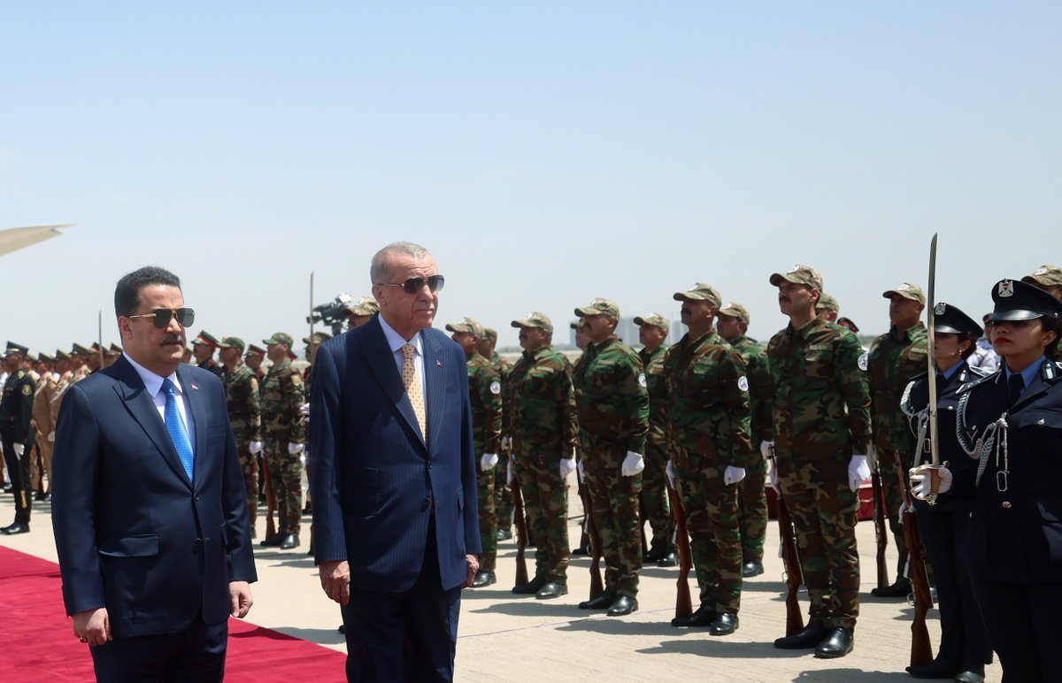 President Recep Tayyip Erdoğan, who arrived in Iraq to pay an official visit, was welcomed with an official ceremony at Baghdad International Airport by Prime Minister Mohammed Shia Al Sudani.