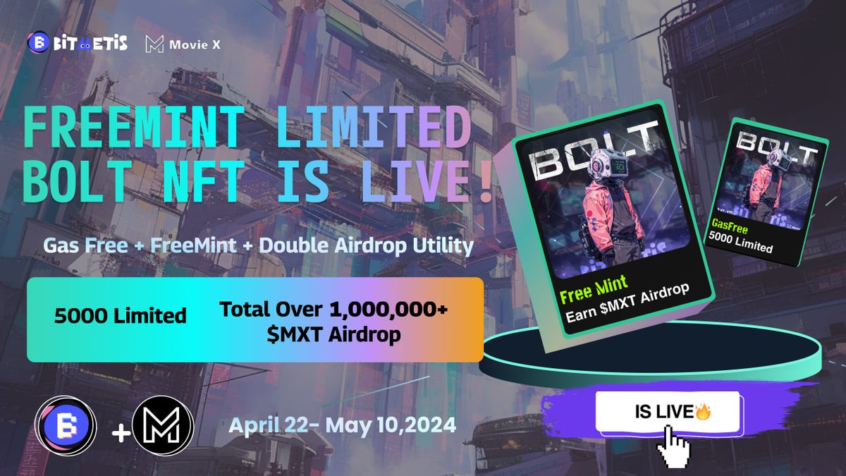 🪂@MovieX_ai  &amp; <a href="/BitMetis/">KlapAI (Formerly BitMetis)</a>: Double Drop, Double Fun! 🍿⚡️
Get ready for a double whammy of epic proportions! MovieX and BitMetis are teaming up for a freemint NFT drop that'll have you shouting "MovieX #Merlin  To the Moon" 🚀
🗓 When: April 23rd - May 10th, 2024
🎁 What: 5,000
