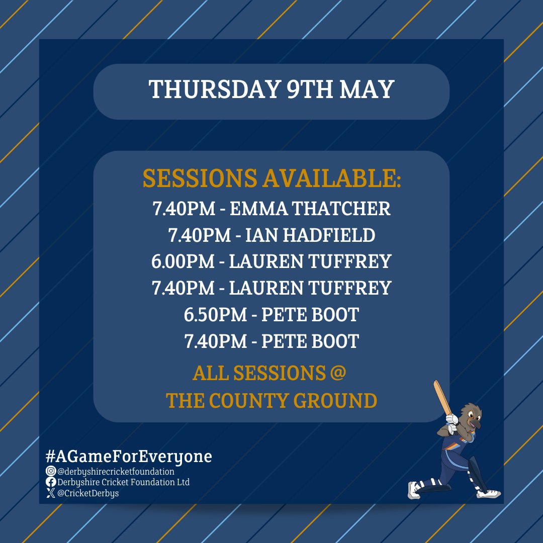 Our Summer 1-1s start on Thursday 9th May at The County Ground! We still have some sessions available with a variety of coaches. 🏏Open to all ages and abilities Book your session now⤵ dcfcricket.com/1-1-coaching/