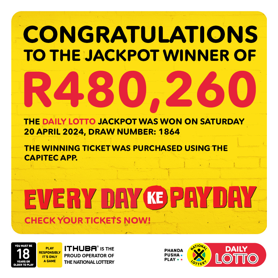 CONGRATULATIONS to the 3 lucky #DAILYLOTTO WINNERS who WON over the WEEKEND! 2 winners WON R296,736.30 each from the 19/04/24 draw. 1 winner WON R480,260.90 from the 20/04/24 draw. You could WIN BIG by playing #DAILYLOTTO for an estimated R430,000 jackpot TODAY!