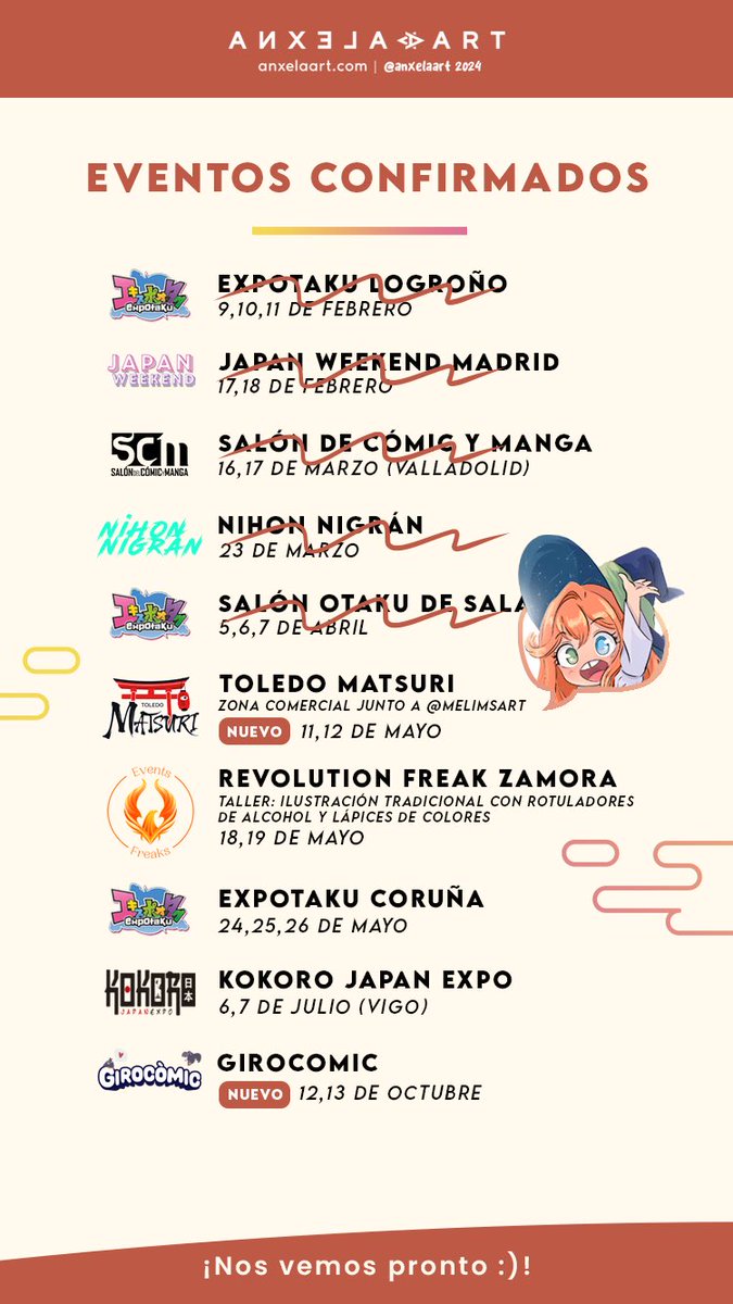 Aquí tenéis la lista de mis próximos eventos recién actualizada. 🔜 @Toledo_Matsuri en la zona comercial junto a @melimsart ¿Nos vemos por allí? 👀