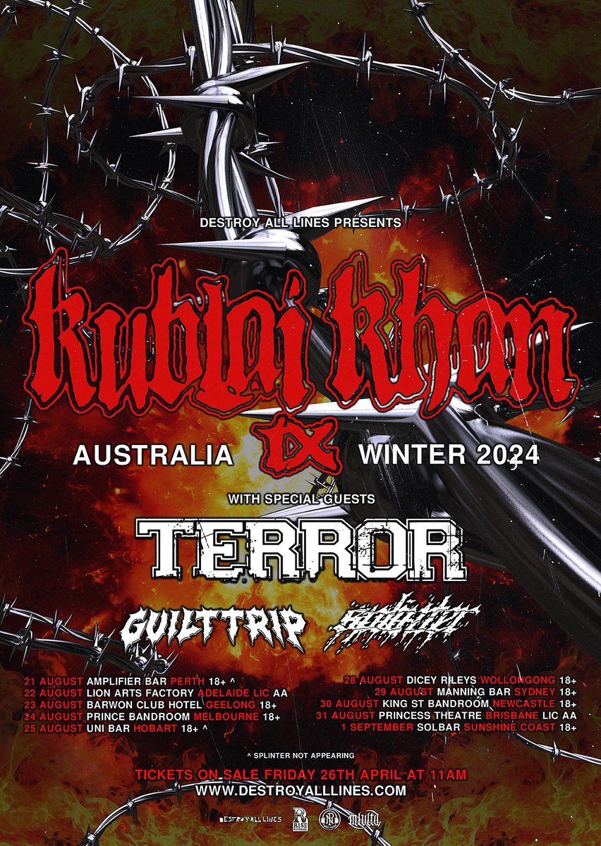 .@KublaiKhanTX Tickets will sell faster than fast for Kublai Khan TX's first ever Australian headline tour with @terrorhardcore Guilt Trip and Splinter. Pre-sale and tickets through Destroy All Lines... hifiway.live/2024/04/22/kub…