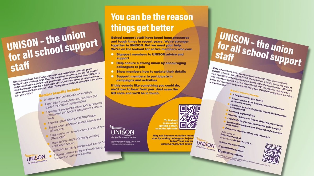 UNISON has produced a range of resources to encourage school support staff to join UNISON and get involved in our campaigns. As one of the three NJC unions, UNISON has the power to negotiate pay and conditions on your behalf! View the resources at shop.unison.site/product-catego…