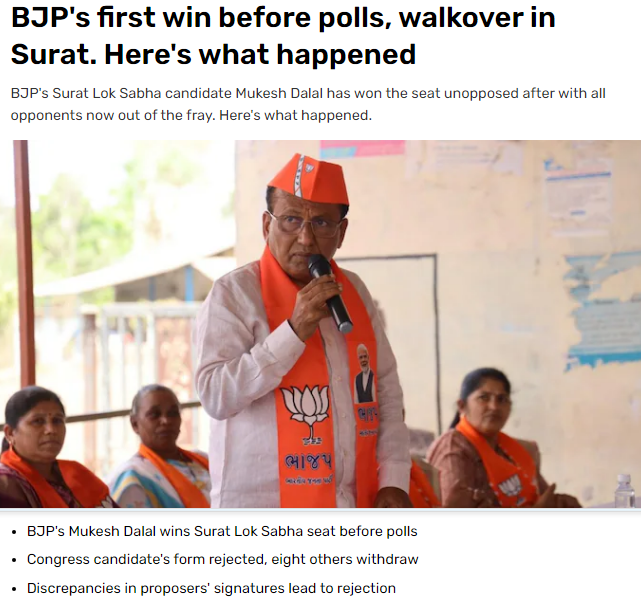 BJP's Surat candidate has won even before a single vote is polled. I mean talk about being in luck. #LokSabhaElections2024