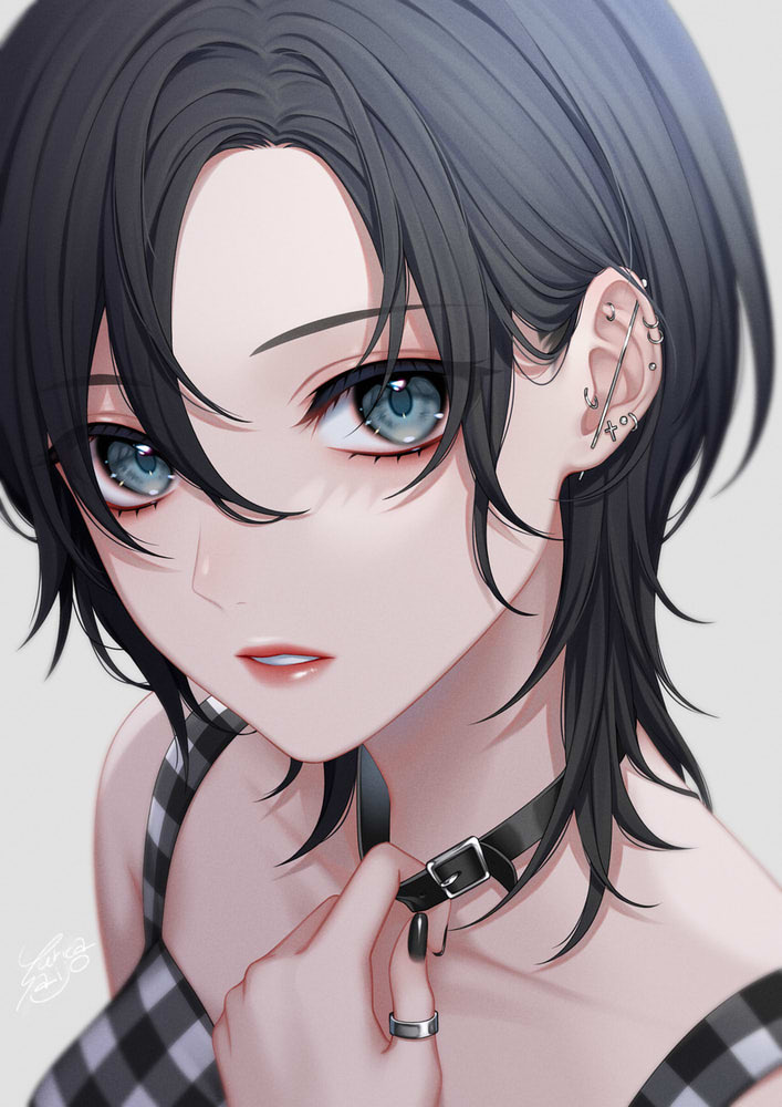 1girl solo looking at viewer short hair blue eyes simple background black hair  illustration images