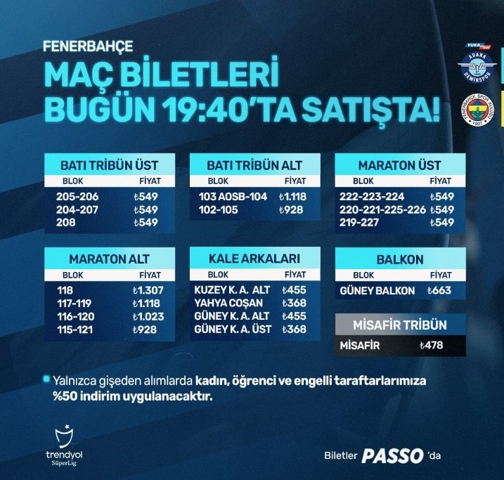 Fenerbahçe'yle oynadıkları maçın biletlerini 478 TL'den satışa sunan Adana Demirspor, Galatasaray ile oynayacakları maçın biletlerini 1.190 TL'den satışa sundu.