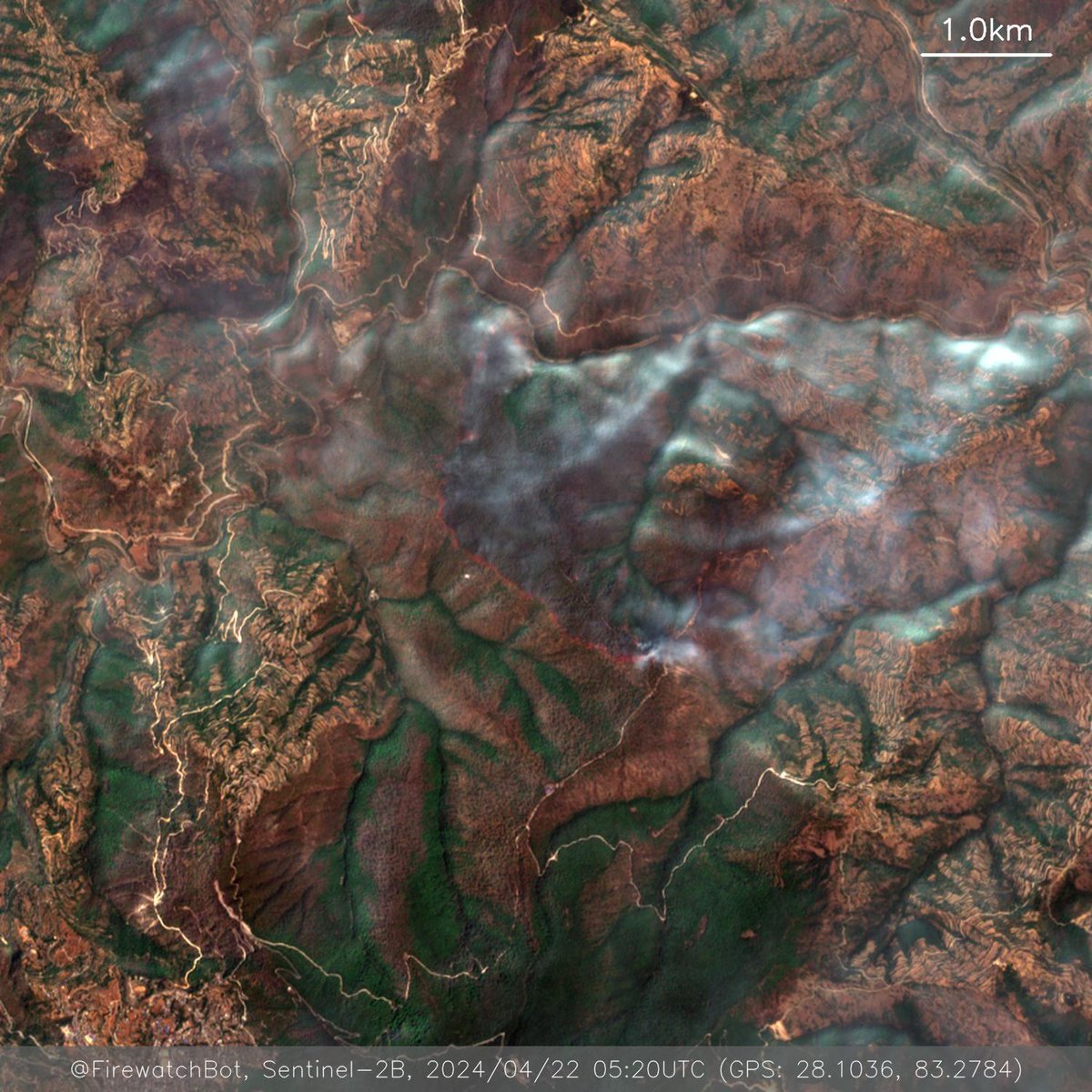 Fire detected from #Sentinel2

🗺 Place: Gulmi, Lumbini Province, #Nepal
🕛 Date: 2024/04/22 05:20UTC

View location: maps.google.com/?q=28.10363589… (28.1036, 83.2784)