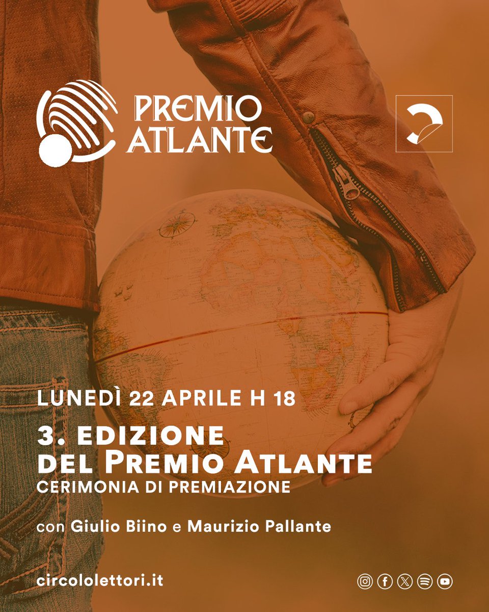 Oggi 22.04 alle ore 18 al Circolo dei lettori si terrà la premiazione della «3ª edizione del Premio Atlante», con Giulio Biino e @MaurizioPallan. ℹ️ torino.circololettori.it/3-edizione-del…