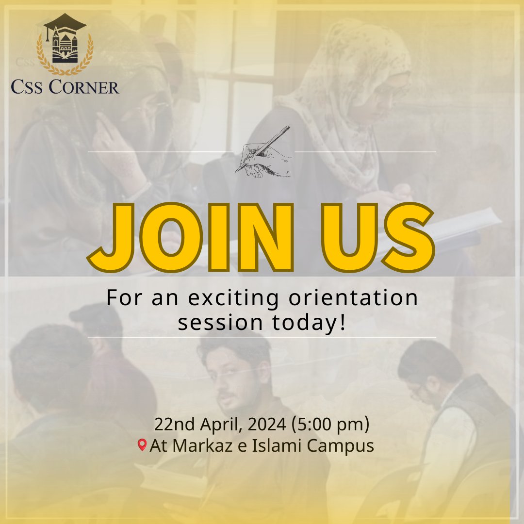 CSSCorner's tweet image. Today's the Day!
Join us today at Markazi e Islami Campus for an exciting Orientation Session!
Time: 5:00 pm
Date: 22nd April
Location: Markazi e Islami Campus
#orientationsession #campus #joinus #today #css #newbeginnings #karachi