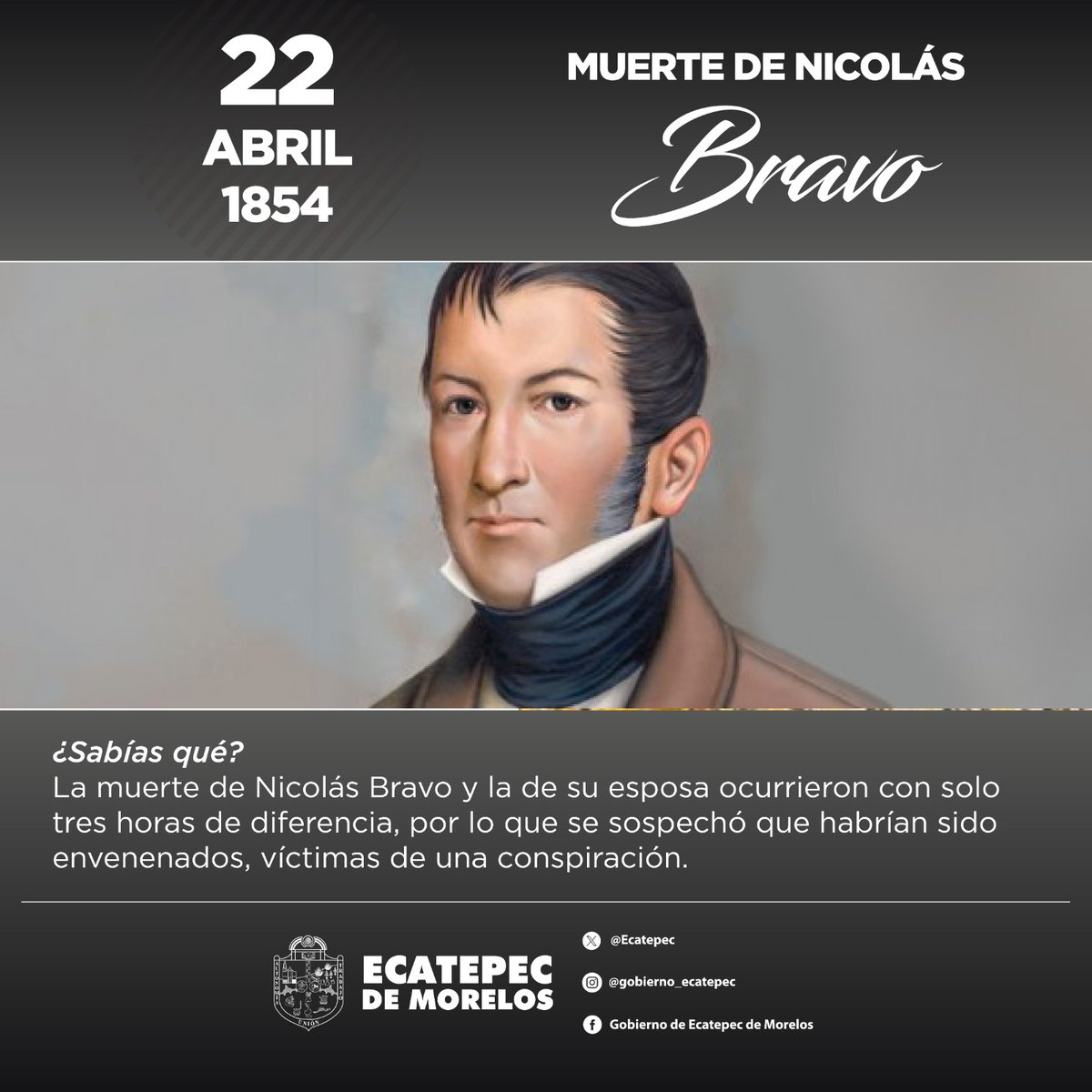 Nicolás Bravo fue vicepresidente en el mandato de Guadalupe Victoria y presidente interino en tres ocasiones; por su gran entrega a la patria, hoy lo recordamos en su 170 aniversario luctuoso.