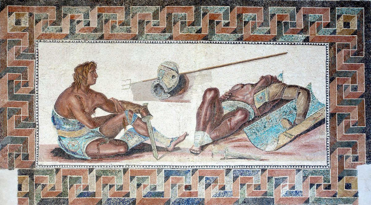#MosaicMonday - The viscerally stunning 'Exhausted Gladiator' mosaic from the frigidarium in baths of the Roman villa at Wadi Lebda, Lepcis Magna, Libya: ca. Early 2nd Century AD. That border is hypnotic! #Roman #Art Image: Kathleen M. Coleman. Link - doi.org/10.1017/S00173…
