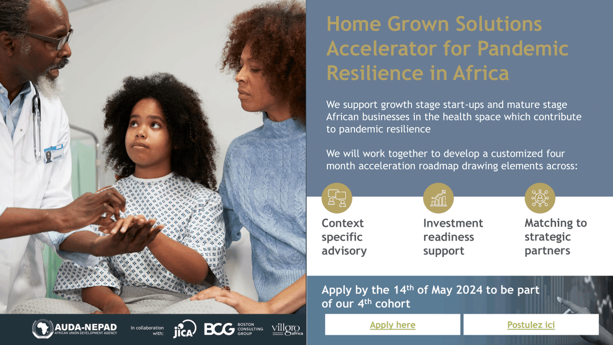 Applications are still ongoing for the Home Grown Solutions Accelerator program for growth stage #healthcare companies ⛑🩺💊looking to further scale their ventures. 📊

Find out if you are eligible and apply now: vc4a.com/auda-nepad/hgs…

#HomeGrownSolutions #HGSAccelerator