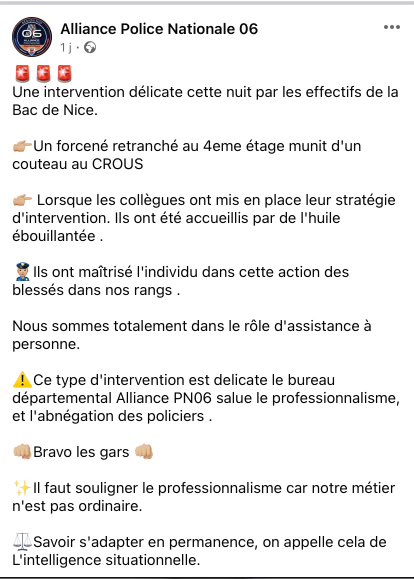 Samedi à #Nice des policiers ont été ébouillantés et attaqués au couteau dans une résidence @crousnicetoulon . Cet individu ne doit plus résider dans l’une de ces résidences ni obtenir de bourse à vie. Les avantages sociaux n’ont pas à bénéficier aux délinquants.