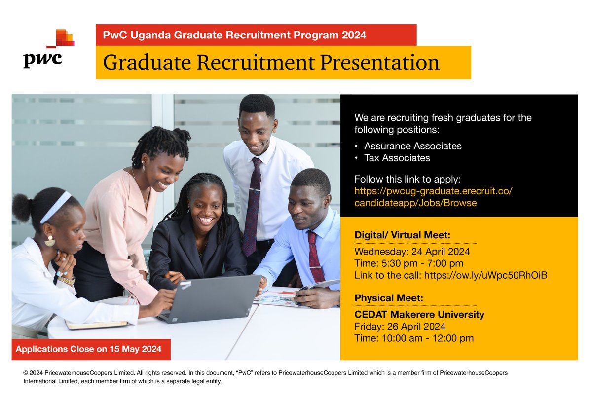 PwC_UG's tweet photo. Got questions about our graduate recruitment process or what your career growth will look like? Join us this Wednesday for an online presentation where you will have an opportunity to have your questions answered. Follow the link to register https://t.co/fmwdVUqFm4 #GR2024 https://t.co/2CDhG1poVq