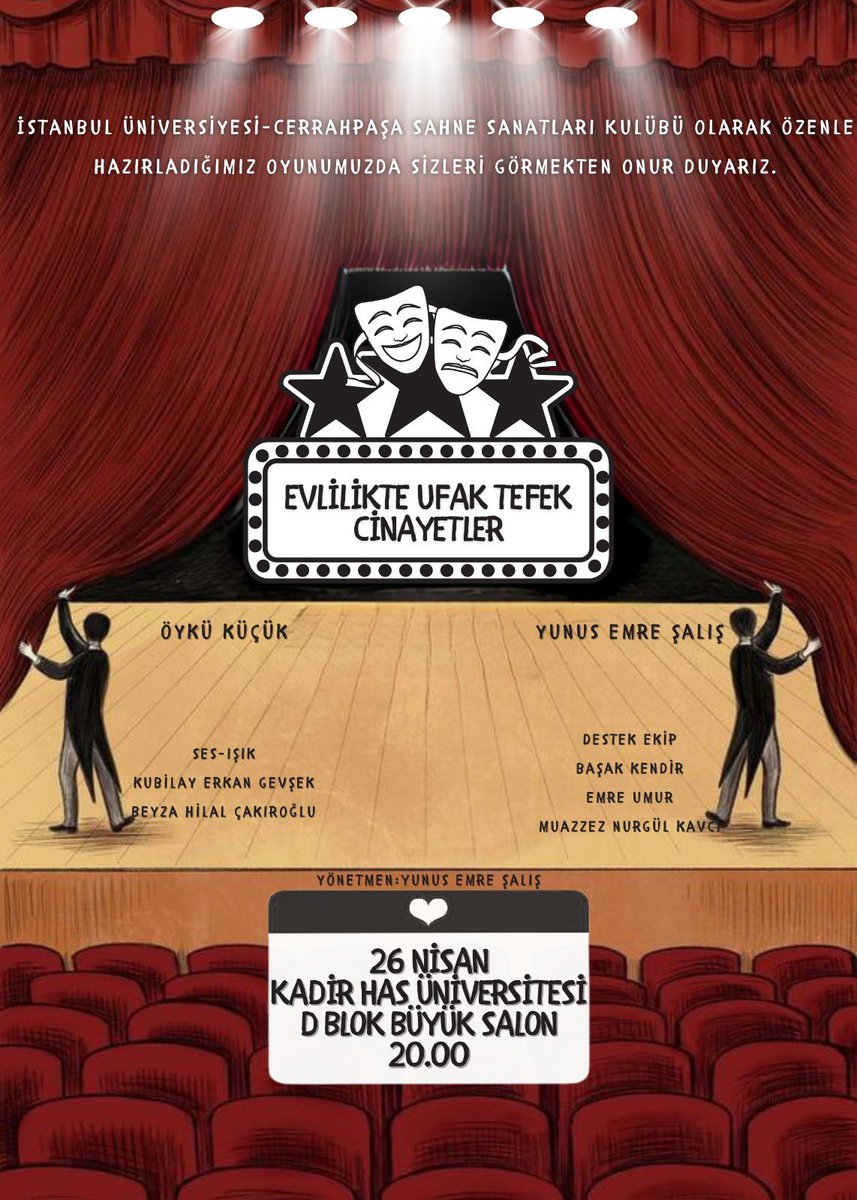 Prömiyer sonrası hız kesmeden devam ediyoruzzz 🎉 
26 Nisan Cuma günü saat 20.00’de Kadir Has Üniversitesi D Blok Büyük Salondayız. Kaçıranlar ve tekrardan izlemek isteyenleri beklerizz🎭