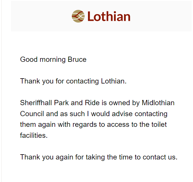 @midgov why are you fobbing me off to @on_lothianbuses ? 

Why are there no toilets at Sherriffhall park and ride. The low emission zone is coming in and no public toilets are there. 

What is going on??

x.com/midgov/status/…
x.com/DrBruceScott/s…