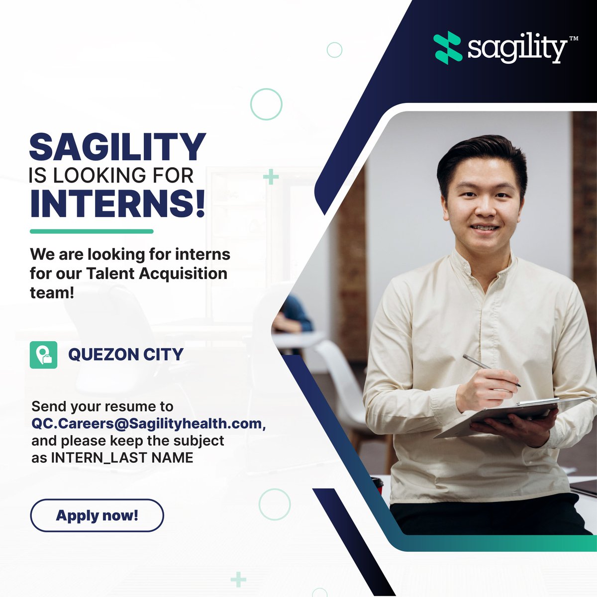 Qualifications:
Students pursuing degrees in Human Resource Management or Psychology.

Send your updated resume to @. Include 'INTERN_LAST NAME' in the subject line to ensure your application is routed correctly.

#Sagility #HiringNow #SagilityPhilippines #JobInPhilippines