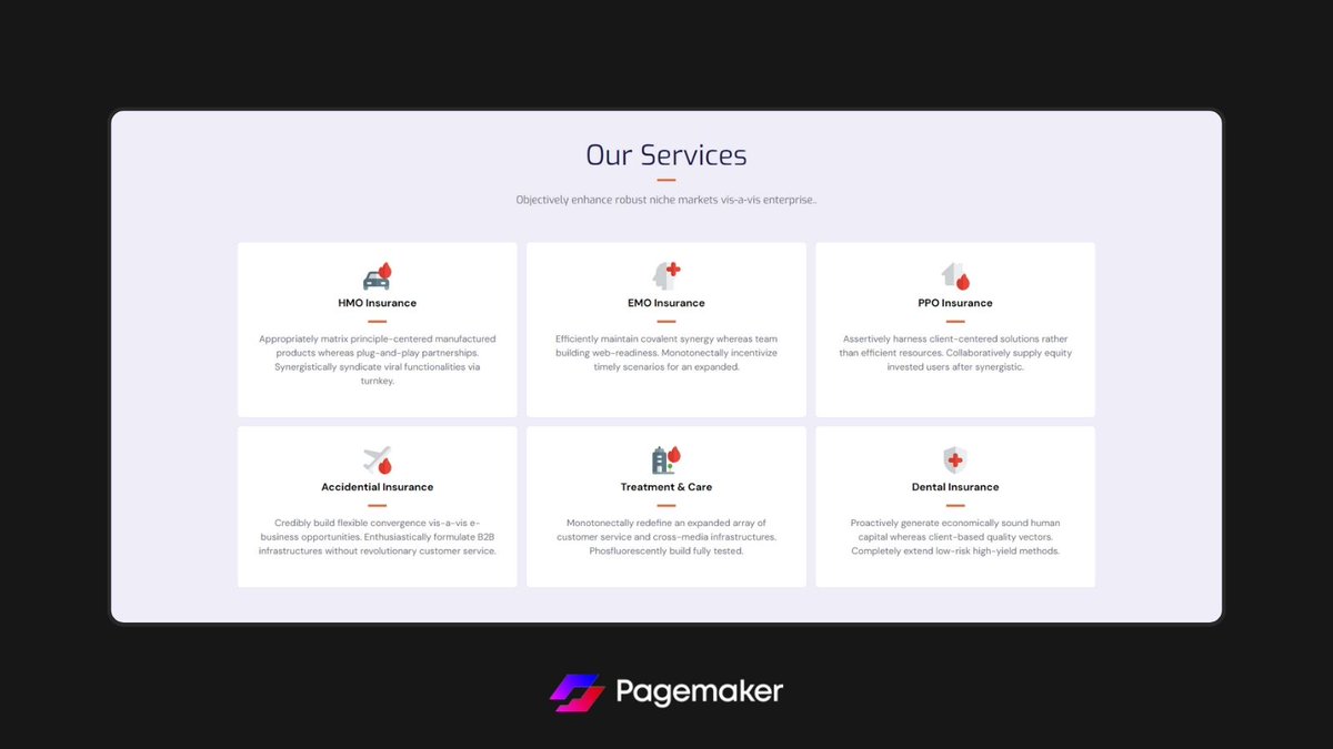 Showcase insurance plans with clarity on your landing page with our Tailwind CSS module 'Henry'. This module's grid section helps you guide your services easily to clients.

Preview link: flexible.pagemaker.link

#Insurance #Services #Template #WebsiteBuilder #WebDesign #NoCode