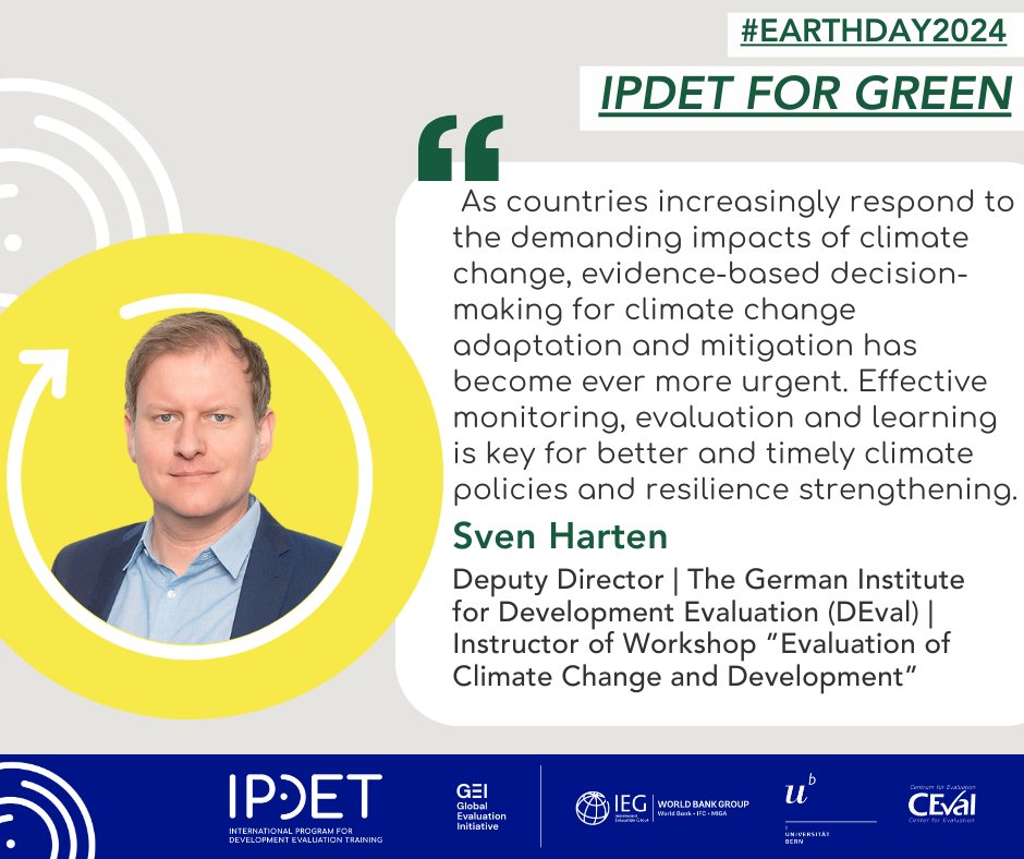 Today is #EarthDay! #IPDET is proud to promote more effective green evaluation for better climate policies. 🔍Workshop II-F: 'Evaluation of Climate Change and Development' instructed by experts from @DEval_Institute. 🖱️ipdet.org/event/ii-f-eva…